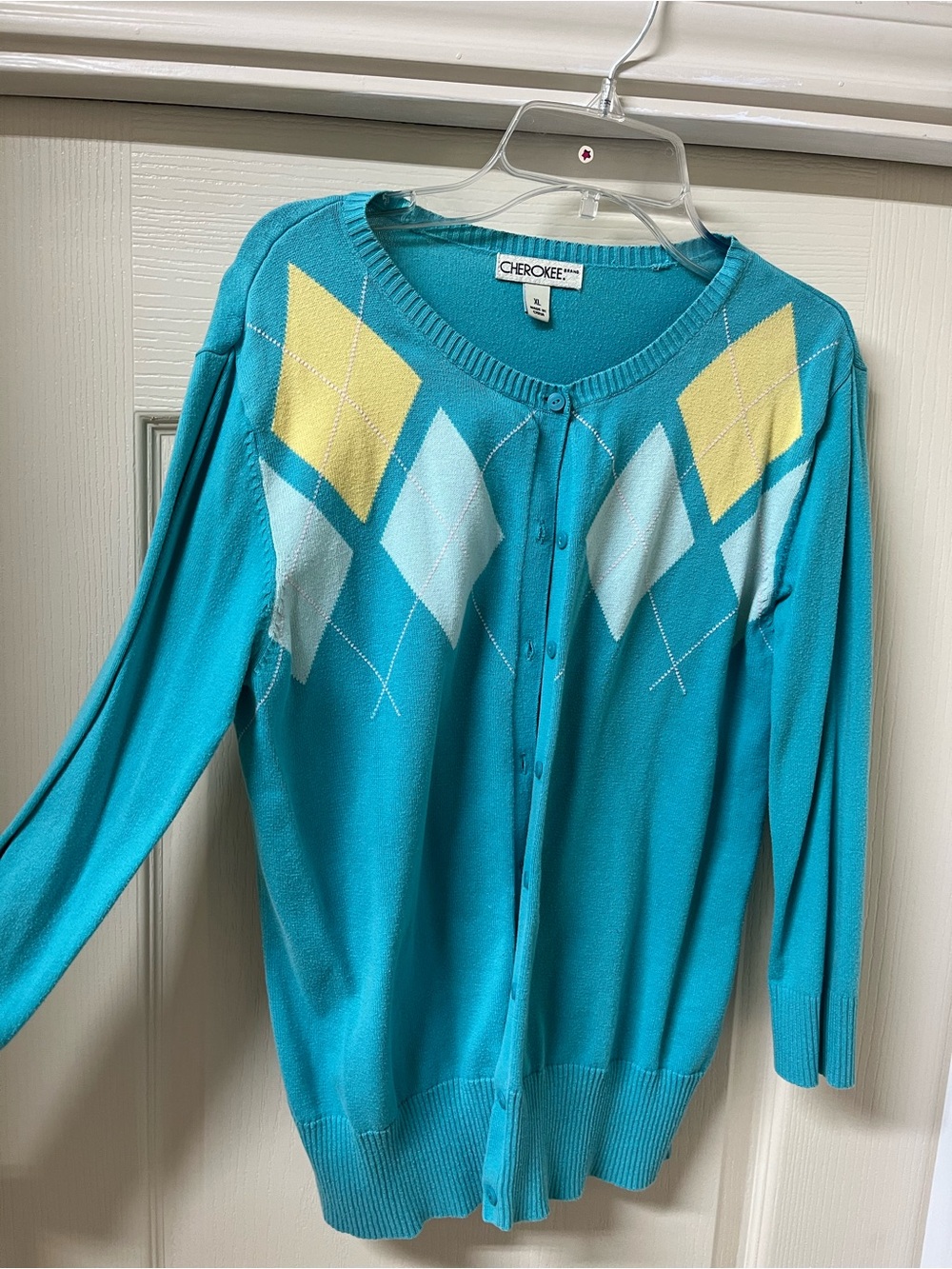 Teal Argyle Button-Front Cardigan with Yellow and Light Blue Accents